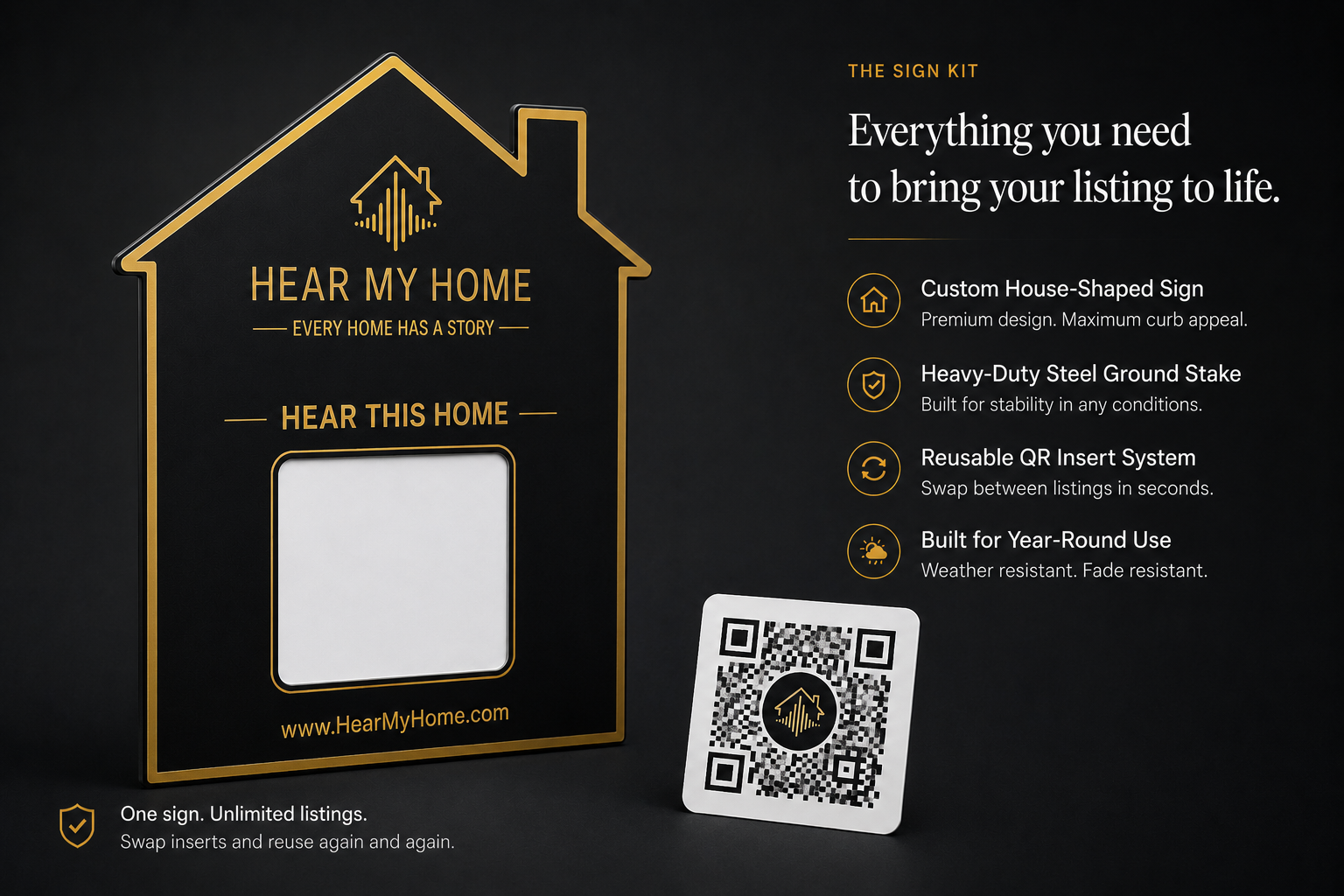 Hear My Home Sign Kit — house-shaped yard sign with reusable QR insert system