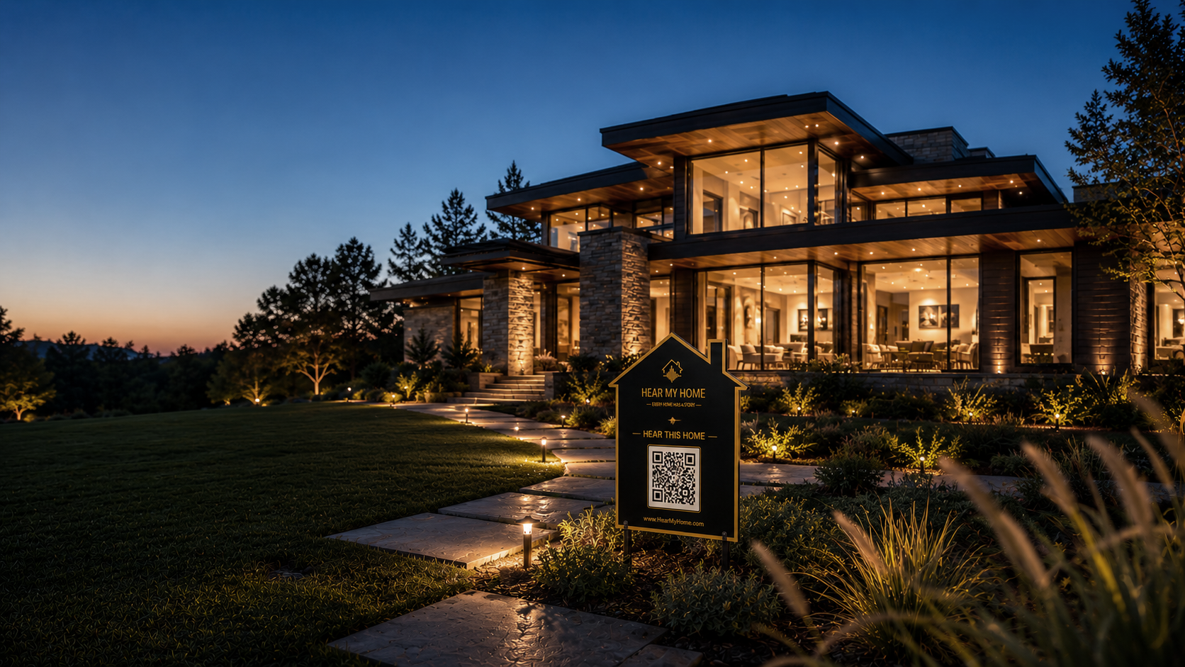 Modern home at dusk with smart yard sign and audio tour player